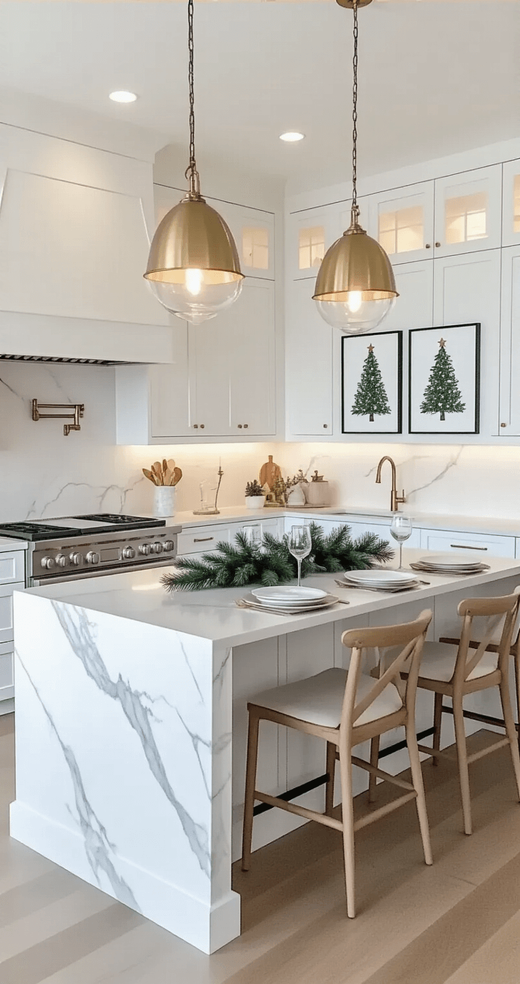 Open-concept kitchen and dining area featuring white shaker cabinets, a large marble island with pendant lights, minimalist holiday decorations, and a dining table set for eight, all in a modern, sophisticated aesthetic.