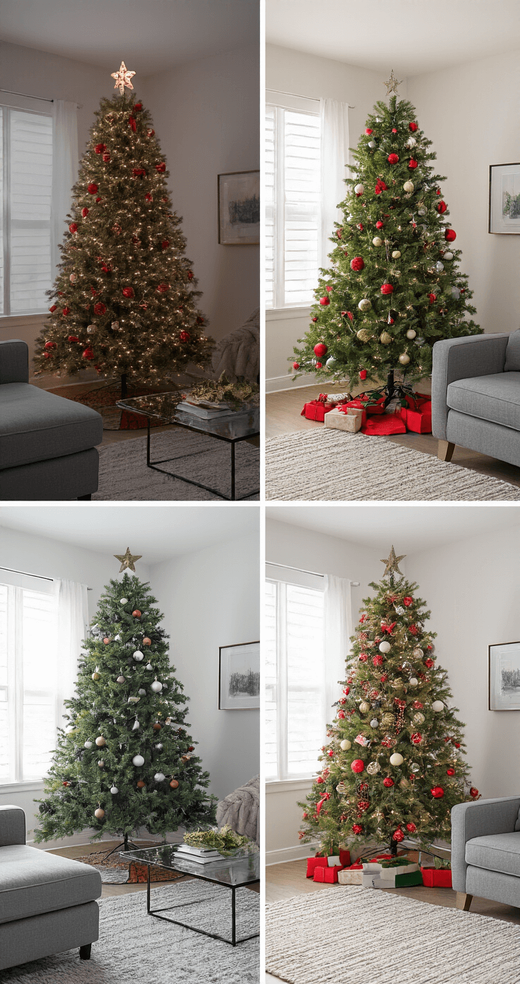 Before-and-after image showing a cluttered, unbalanced Christmas tree on the left under harsh overhead lighting, revealing decor mistakes, and a perfectly styled tree on the right with soft diffused lighting highlighting balanced ornament placement, color harmony, and varied textures in a modern living room setting.