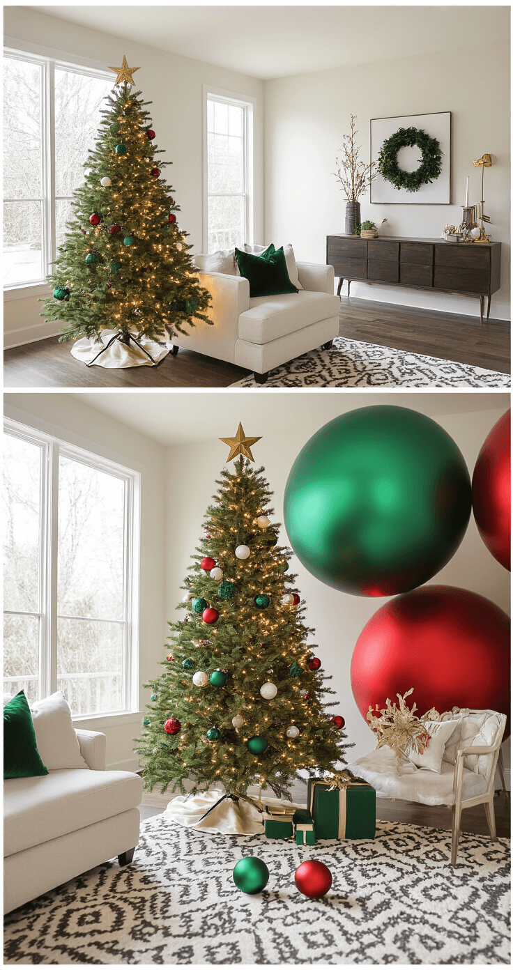 Time-lapse photography sequence of a Christmas tree decoration process in a bright living room, showing steps from a bare Noble fir tree setup to the final gold star topper, surrounded by modern decor.
