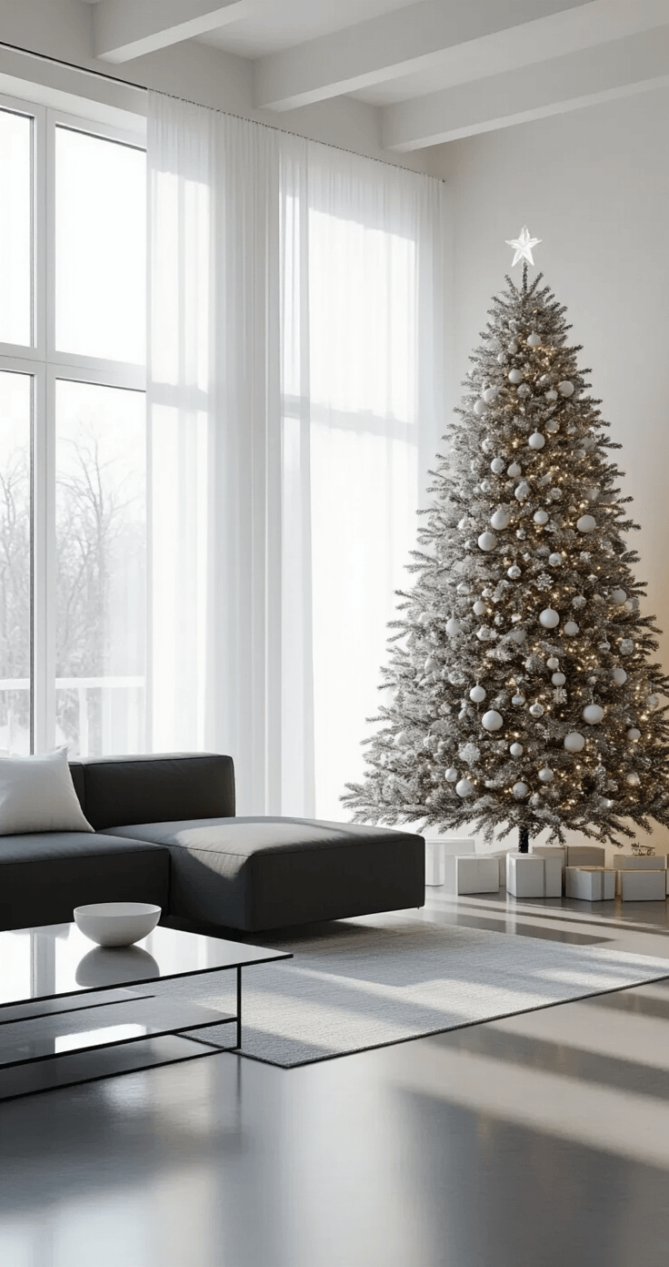 Photorealistic living room with a modern minimalist Christmas tree in the corner, large floor-to-ceiling windows, soft morning light, polished concrete floors, monochromatic decor in whites, grays, and metallics, and a sleek charcoal sectional sofa, creating a serene and sophisticated atmosphere.