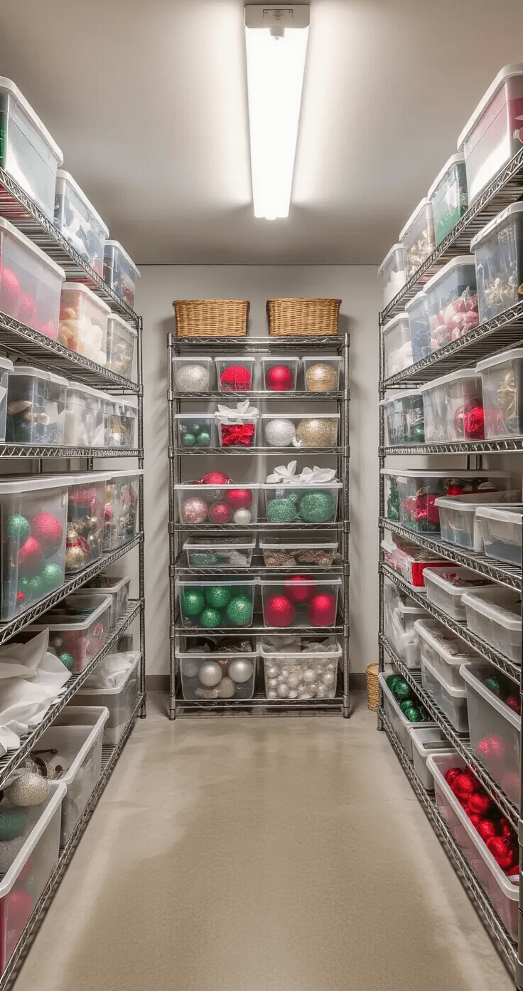 Organized Christmas decoration storage area in a bright basement with overhead fluorescent lighting. Clear labeled containers in various colors, compartmentalized ornament boxes with tissue paper, and a metal shelving unit display a practical system for future holiday seasons on concrete floors and white walls.