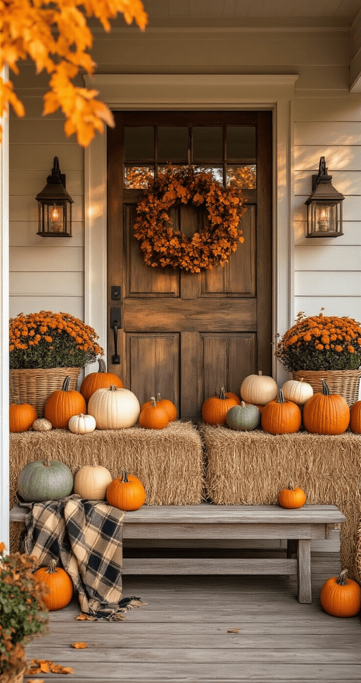 A cozy front porch at golden hour, featuring a rustic wooden door surrounded by symmetrical arrangements of pumpkins in burnt orange, cream, and sage green, with hay bales displaying real and faux pumpkins, woven baskets of gourds, burlap ribbon, and a plaid throw on a vintage bench, all bathed in warm amber light.
