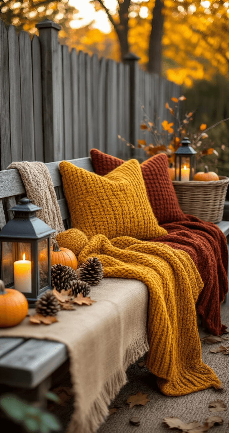 An intimate outdoor seating area in late afternoon, featuring a rustic wooden bench with chunky knit throw blankets in mustard yellow and deep rust, vintage lanterns with flickering LED candles, scattered pinecones and dried oak leaves, burlap table runners with woven basket arrangements of mini pumpkins and seasonal branches, against a backdrop of weathered fence panels and golden autumn trees, all captured in warm natural lighting.
