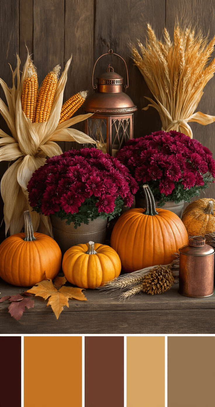 A carefully arranged autumn decor scene showcasing a warm color palette with burnt orange pumpkins, deep burgundy mums, mustard yellow accents, and copper lanterns, illuminated by soft morning light against a rustic wooden backdrop.