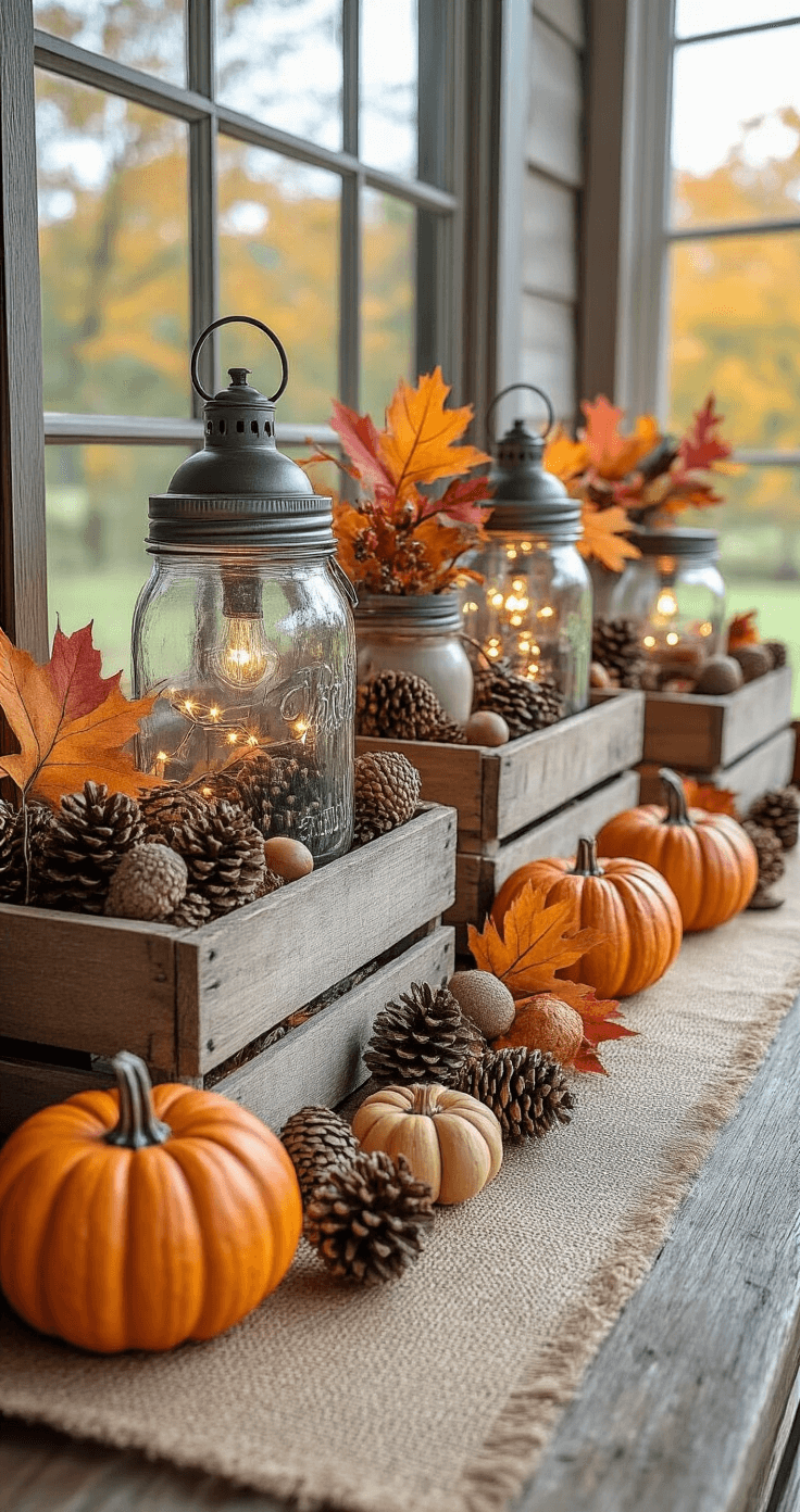 A rustic fall display featuring DIY decor from thrift store finds, including mason jar lanterns with string lights, vintage crates with pinecones and leaves, hand-painted pumpkins, and burlap table runners, all captured in natural daylight to highlight affordability and creativity.