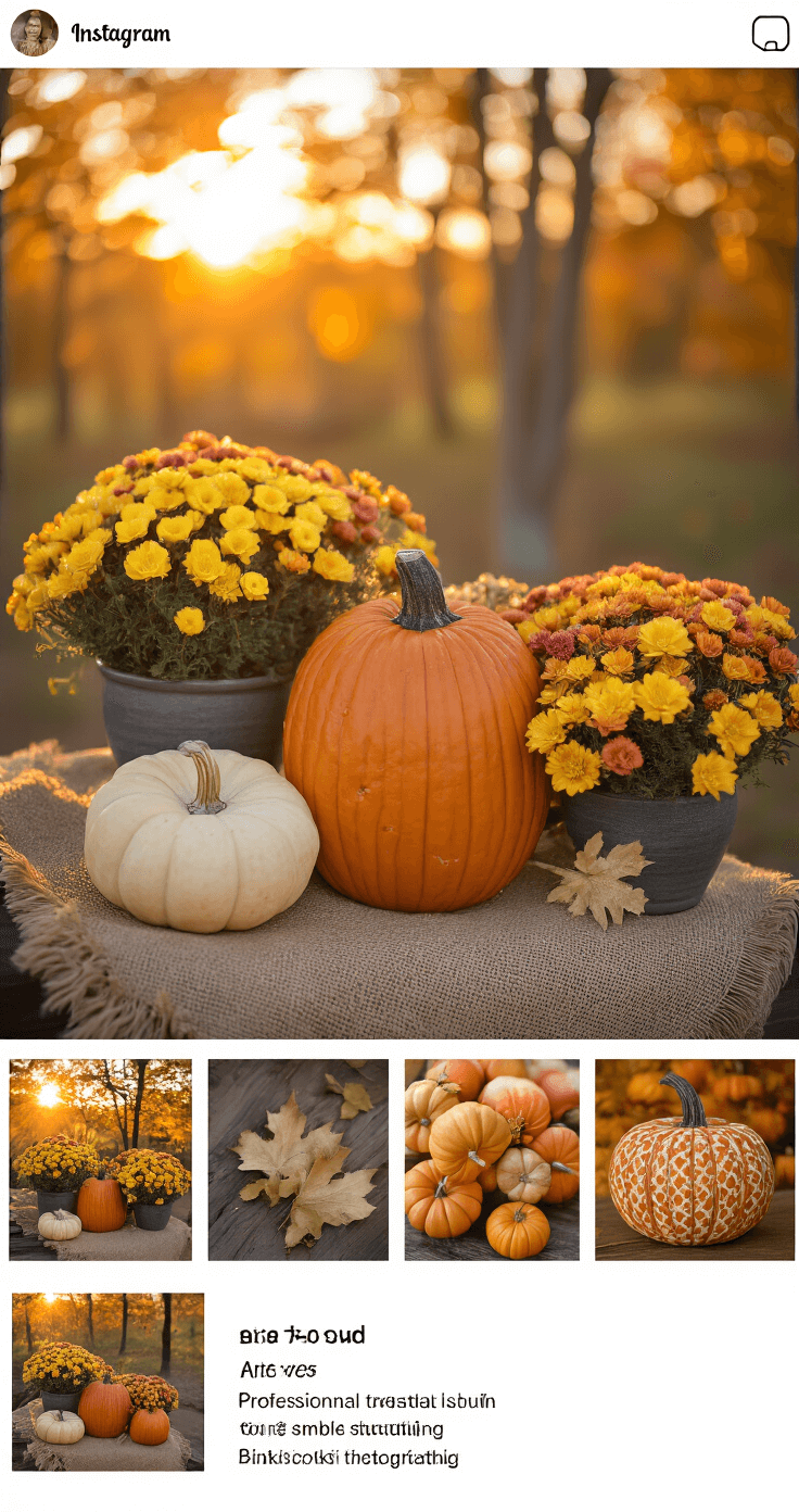 A beautifully staged autumn arrangement featuring pumpkins and mums, captured during golden hour with warm lighting and dramatic shadows, highlighting texture contrasts and strategic composition for social media appeal.