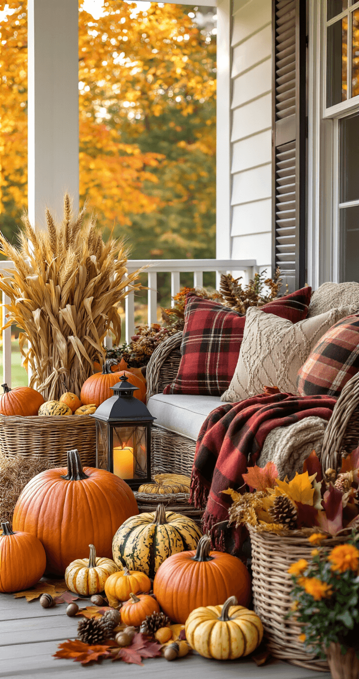 A cozy fall porch vignette featuring oversized pumpkins, vintage lanterns, plaid throws, and woven baskets filled with seasonal decorations, all illuminated by soft afternoon light in warm autumn colors.