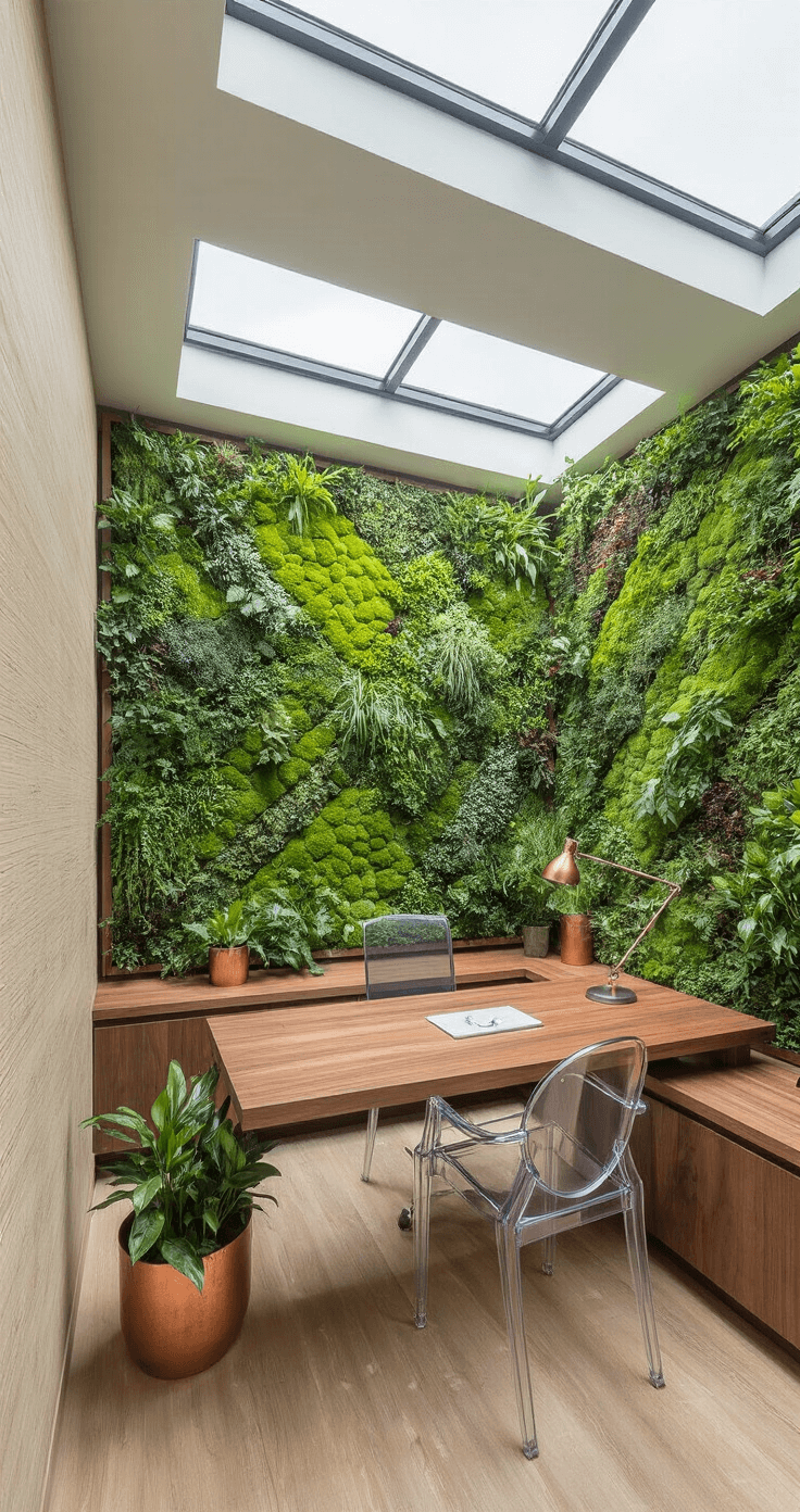 Modern Florida Home Interiors: A Sophisticated Coastal Design Revolution A biophilic home office featuring a living wall of plants, a floating walnut desk, and natural elements, with soft afternoon light and a ghost chair, all captured from a corner angle.