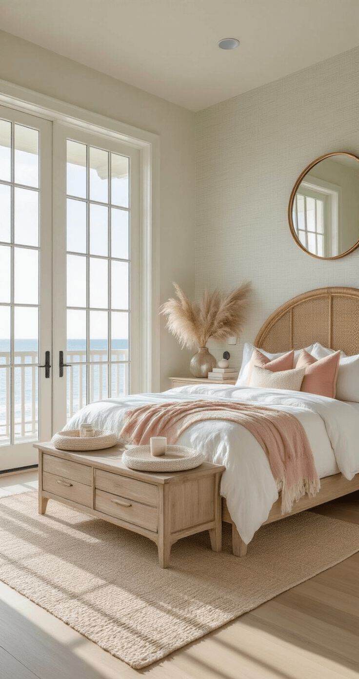 Coastal Bliss: Transforming Your Bedroom with Pink Accents A coastal bedroom featuring a king-sized bed with a curved rattan headboard, blush pink bedding, and natural light streaming through floor-to-ceiling windows, with a driftwood dresser and coral-tinted glass vases holding pampas grass.