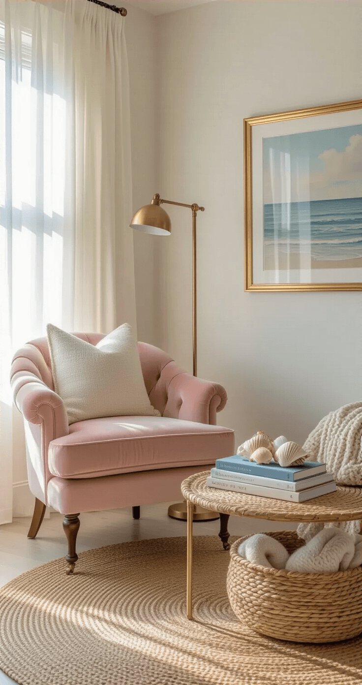 Coastal Bliss: Transforming Your Bedroom with Pink Accents A cozy bedroom reading nook featuring a plush pink velvet armchair, brass floor lamp, and natural fiber rug, illuminated by warm afternoon sunlight filtering through sheer white curtains, with coastal coffee table books, shell collections, and a rattan basket of cream wool throws against a maritime art gallery wall in gold frames.