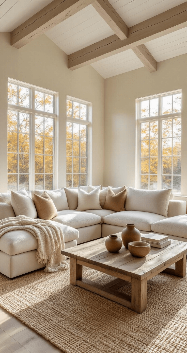 Photorealistic living room interior with vaulted ceilings, featuring a warm beige sectional, cozy pillows, reclaimed wood coffee table, and jute rug, all illuminated by golden hour sunlight.