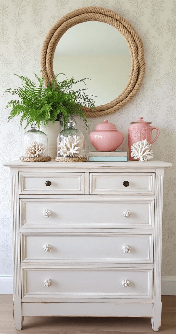 Coastal Bliss: Transforming Your Bedroom with Pink Accents Master bedroom dresser vignette featuring a whitewashed 6-drawer dresser in morning light, decorated with coral specimens under glass cloches, pink Depression glass vessels, a large round mirror with rope detail, a potted maiden hair fern, vintage books, and mother of pearl accessories against a textured wallpaper backdrop in white, blush, coral, and verdigris accents.