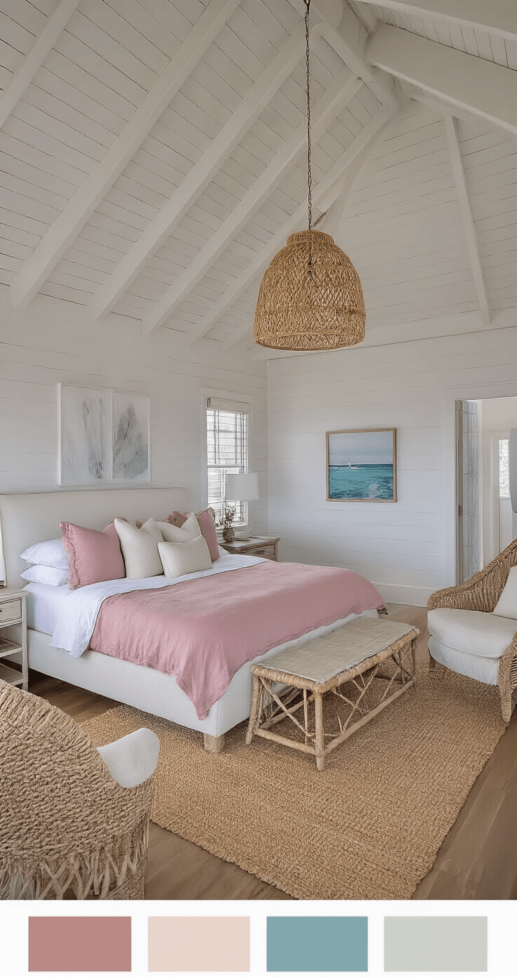 Coastal Bliss: Transforming Your Bedroom with Pink Accents A beachside bedroom sanctuary at dusk featuring a king bed with rumpled pink ombré bedding, exposed white beams, and an oversized rattan pendant casting shadows, complemented by a seagrass rug and curved bouclé chairs, all captured in warm evening lighting.