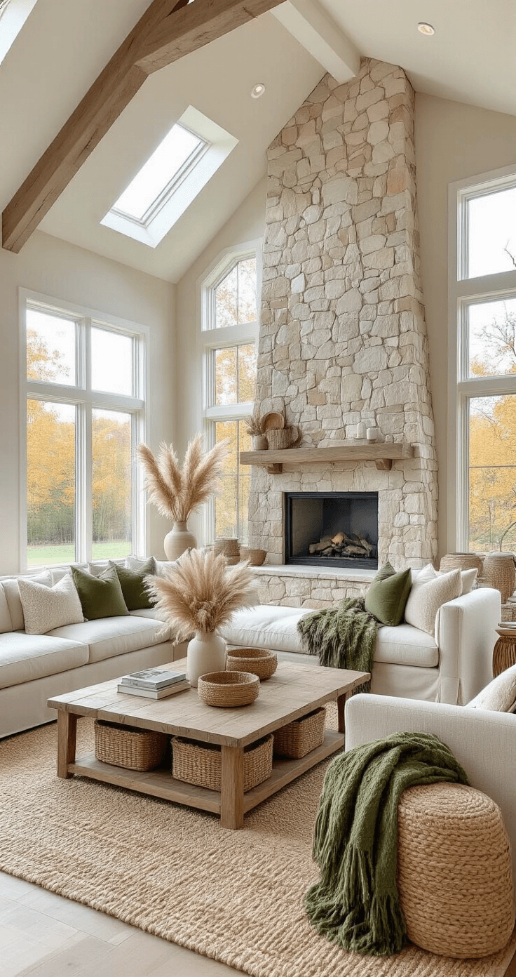 A beautifully styled open-concept living room with cathedral ceilings, featuring a cream linen sofa adorned with taupe, sage, and ivory textured pillows, an olive green chunky knit throw, and a natural jute rug. A reclaimed wood coffee table centers the seating area, surrounded by woven baskets and pampas grass arrangements in ceramic vessels, all illuminated by soft morning light from clerestory windows. The image showcases professional autumn styling with an emphasis on texture and color gradation.