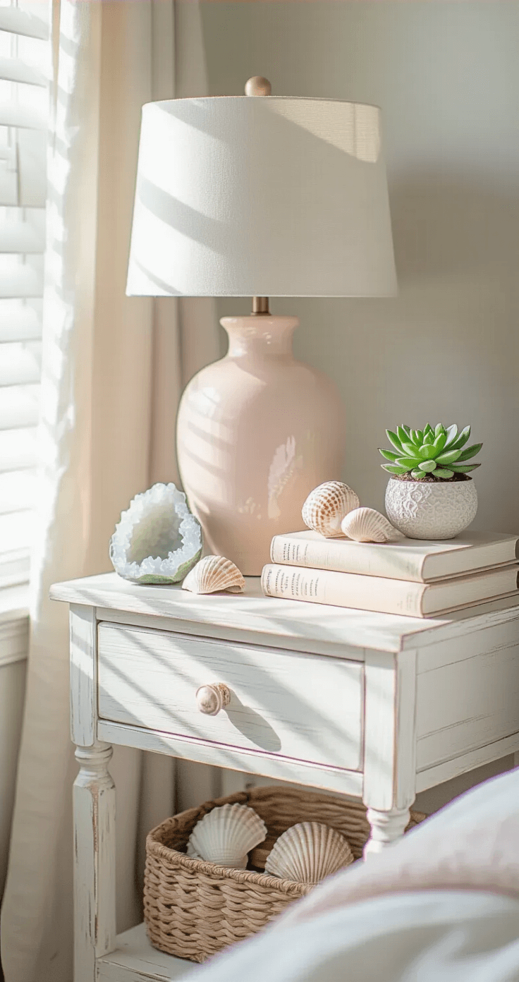 Coastal Bliss: Transforming Your Bedroom with Pink Accents Intimate coastal-inspired bedside table scene featuring a whitewashed nightstand with a pale pink ceramic lamp, stacked linen books, and arranged shell collections, illuminated by morning light. A crystal geode bookend reflects light, while small potted coastal succulents provide a touch of greenery. Macro focus highlights the textures and colors, including white, blush pink, pearl, and sage green accents.