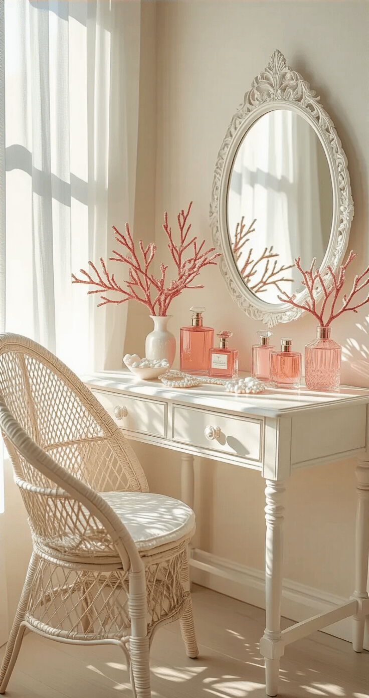 Coastal Bliss: Transforming Your Bedroom with Pink Accents A vintage-inspired white vanity illuminated by bright natural light, featuring a rattan peacock chair and an oval mirror. The scene includes pink glass perfume bottles, mother of pearl accessories, and coral branches artfully arranged. Sheer curtains create soft shadows, enhancing the delicate details and reflective surfaces in tones of bright white, rose quartz, pearl, and coral.