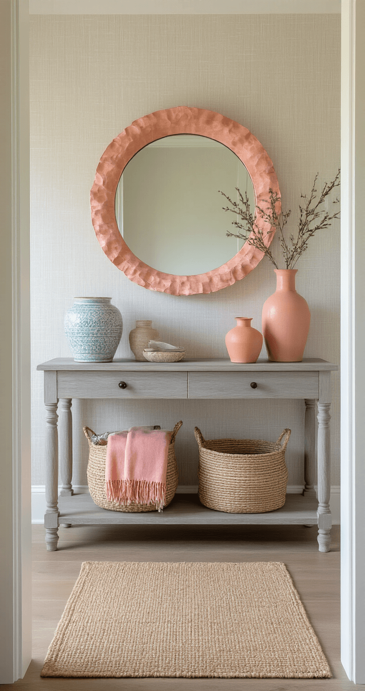Coastal Bliss: Transforming Your Bedroom with Pink Accents A warmly lit bedroom entryway showcasing a weathered grey console table against textured wallpaper, adorned with an oversized coral-tinted mirror and ceramic vessels of varying heights. A woven basket underneath holds pink throws, while a sisal runner leads into the room, highlighting the harmonious blend of greige, blush, coral, and maritime blue accents.