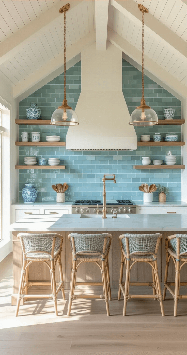 Coastal Kitchen Backsplash Ideas: Bringing the Beach to Your Culinary Space A sunlit coastal kitchen with vaulted ceilings, white shaker cabinets, seafoam blue subway tiles, wide plank whitewashed oak floors, a marble-topped island with gray barstools, open shelving displaying blue and white ceramics, and brass pendant lights, captured at golden hour.