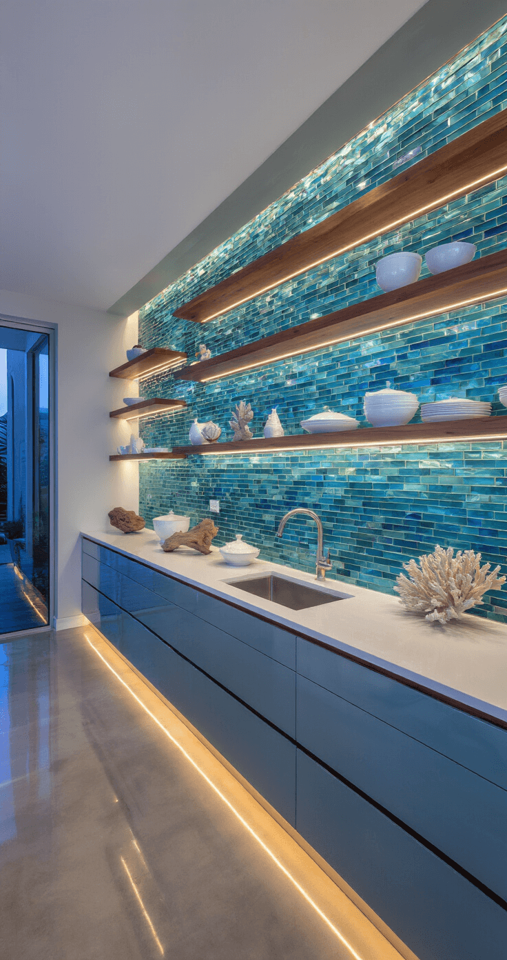 Coastal Kitchen Backsplash Ideas: Bringing the Beach to Your Culinary Space A contemporary kitchen with iridescent blue glass tile walls, polished concrete floors, and walnut floating shelves displaying white porcelain dinnerware, captured during blue hour with integrated LED lighting and decorative ocean-themed accents.