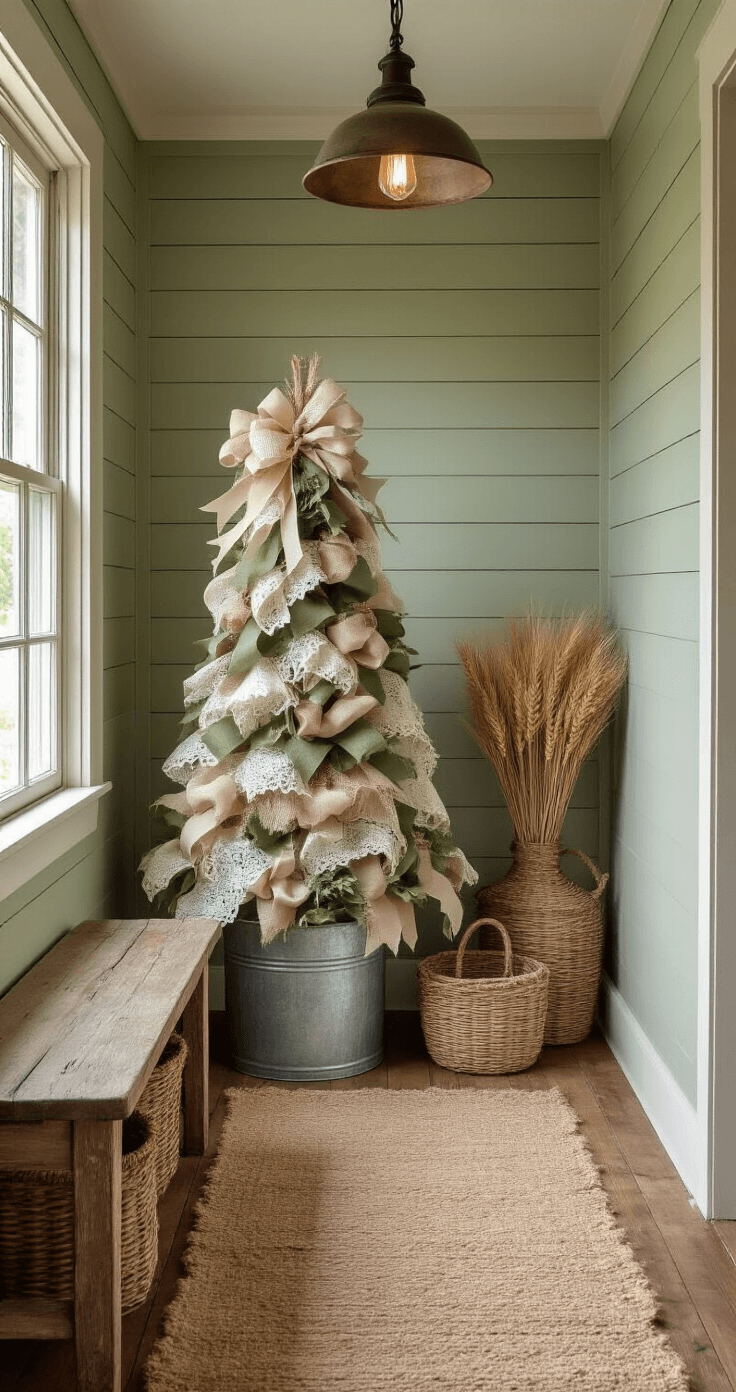 Rustic farmhouse entryway featuring a charming ribbon tree arrangement in a galvanized bucket, warm afternoon lighting from a vintage pendant lamp, shiplap walls painted sage green, reclaimed barn wood flooring, and cozy decor elements like a distressed wooden bench and woven baskets.