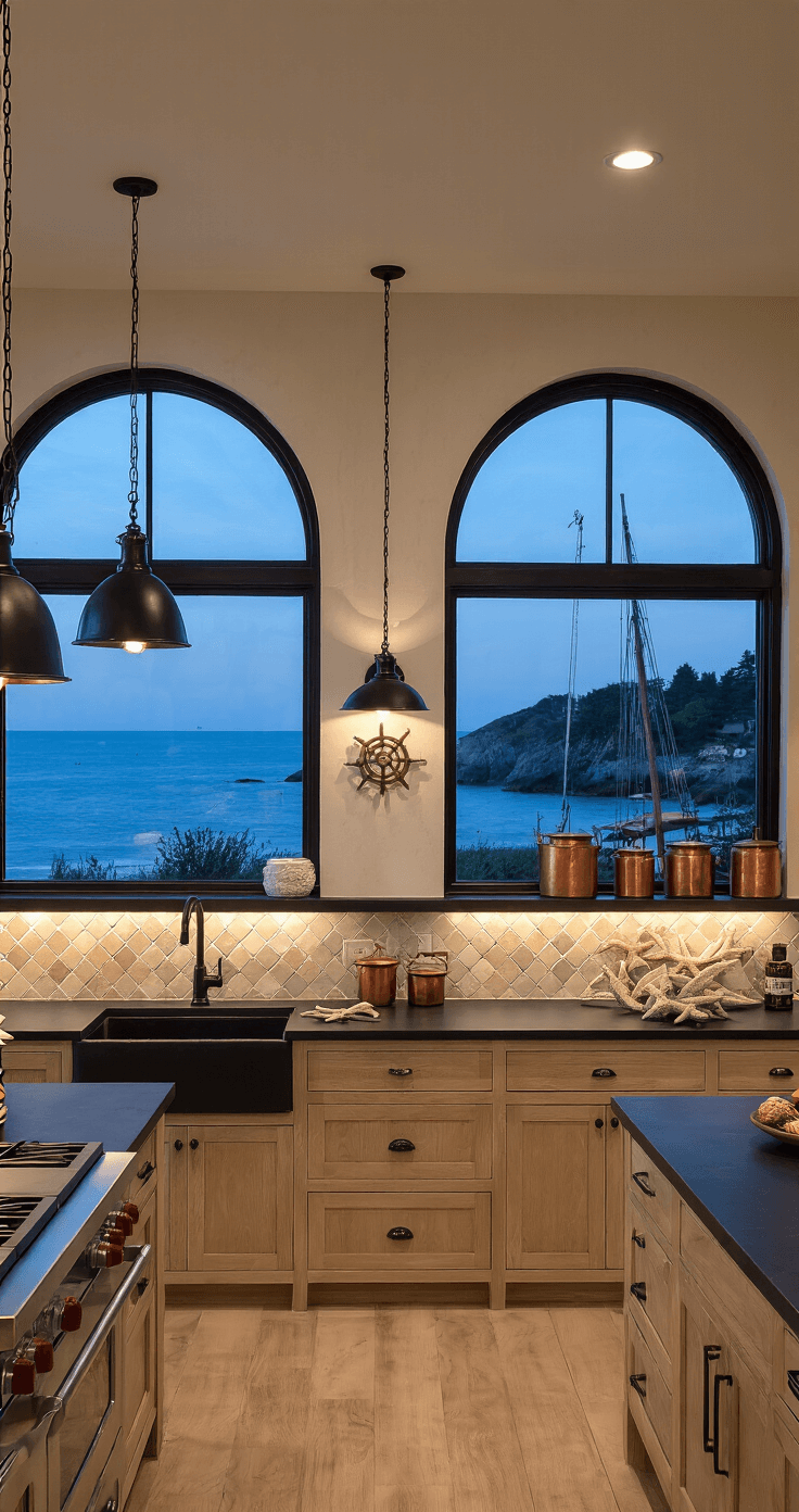 Coastal Kitchen Backsplash Ideas: Bringing the Beach to Your Culinary Space A spacious open-concept kitchen at twilight featuring a mixed-texture backsplash of sandy-colored tiles and glossy pearl accents, dramatic arch windows with ocean views, black soapstone countertops, light oak cabinetry, industrial-style black pendant lights, and decor elements like weathered copper vessels and vintage sailing equipment.