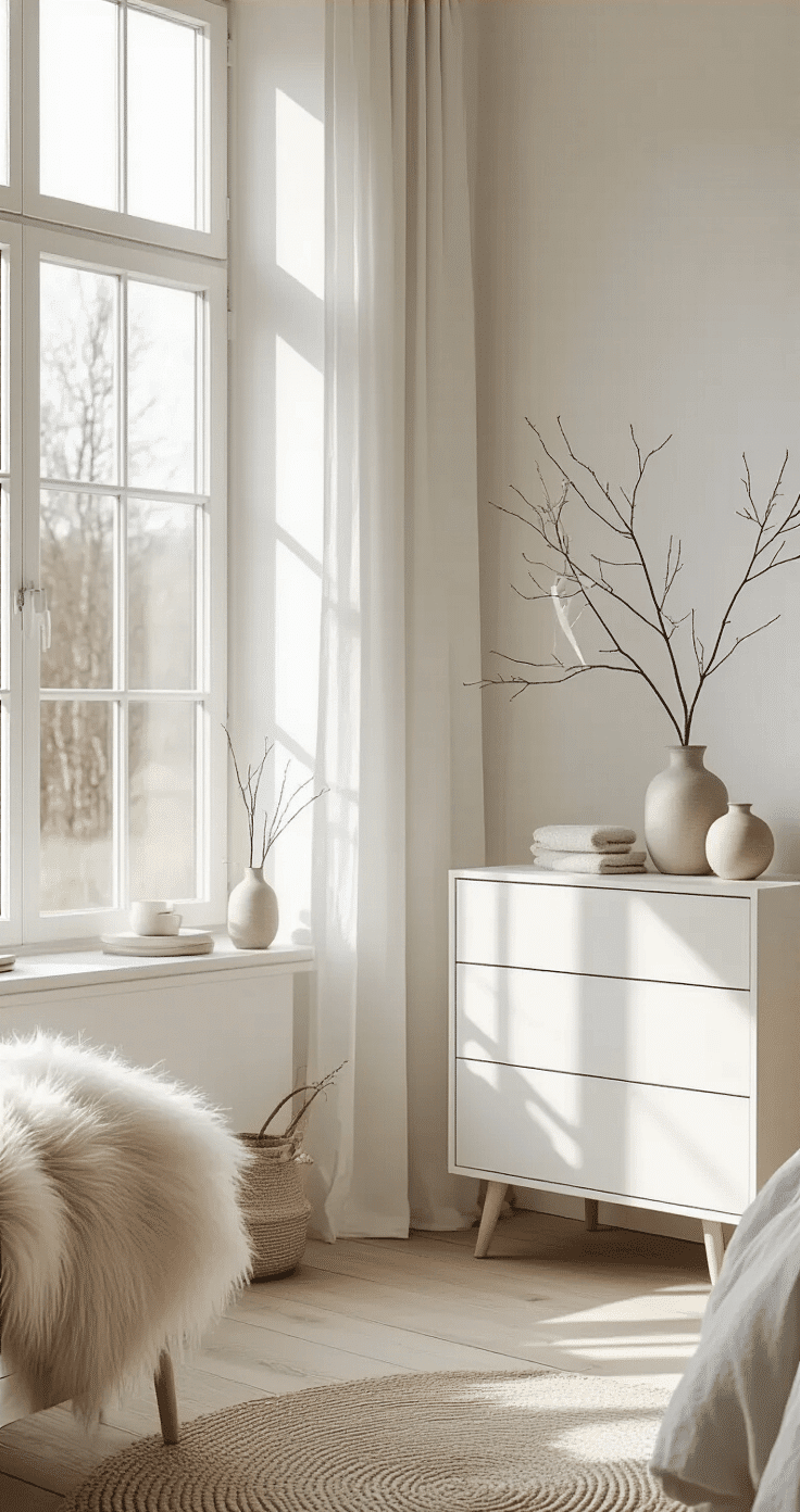 A serene Scandinavian-inspired bedroom corner with a minimalist ribbon tree display featuring simple white and pale gray ribbons, positioned beside a modern white dresser on white-washed pine floors. Natural morning light highlights clean shadows and the uncluttered decor, including a sheepskin throw, ceramic vases, and single-stem branches, all in a neutral palette of whites, pale grays, and natural wood tones.