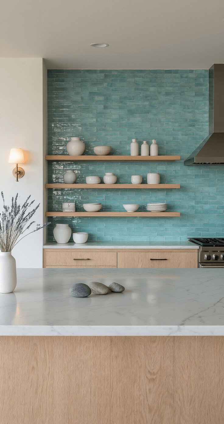 Coastal Kitchen Backsplash Ideas: Bringing the Beach to Your Culinary Space A minimalist coastal kitchen featuring turquoise stacked bond tiles, bleached oak shelving, honed marble countertops, and ambient sconces, styled with white ceramic vessels, dried sea lavender, and river stones, captured at dusk.