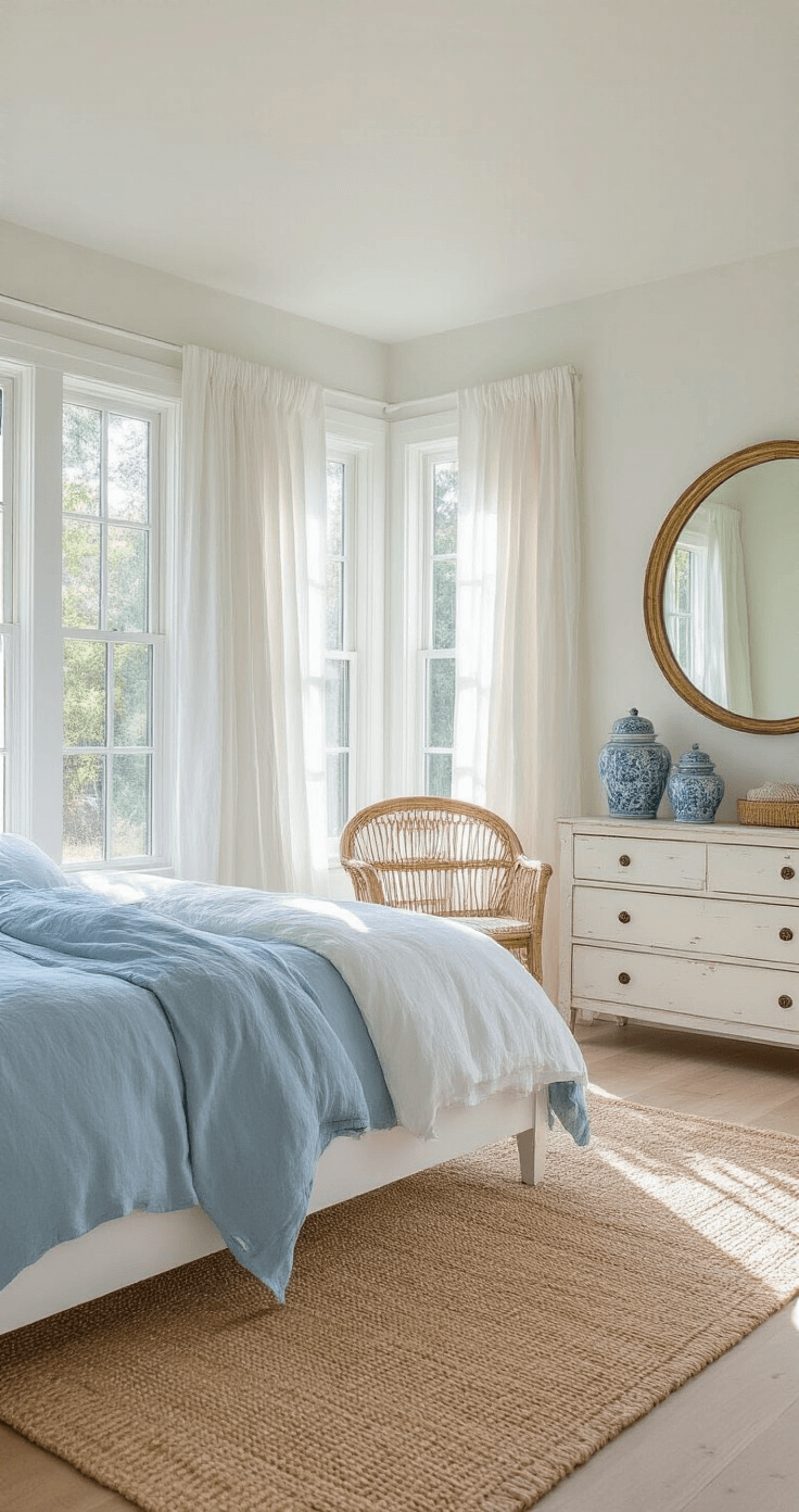Coastal Granddaughter Bedroom: Your Ultimate Style Guide to Breezy, Chic Comfort A bright coastal-inspired bedroom with large bay windows, featuring a whitewashed oak platform bed adorned in blue and white linens, a vintage rattan chair, a round brass mirror, and ginger jars on a distressed white dresser, all bathed in soft morning light.