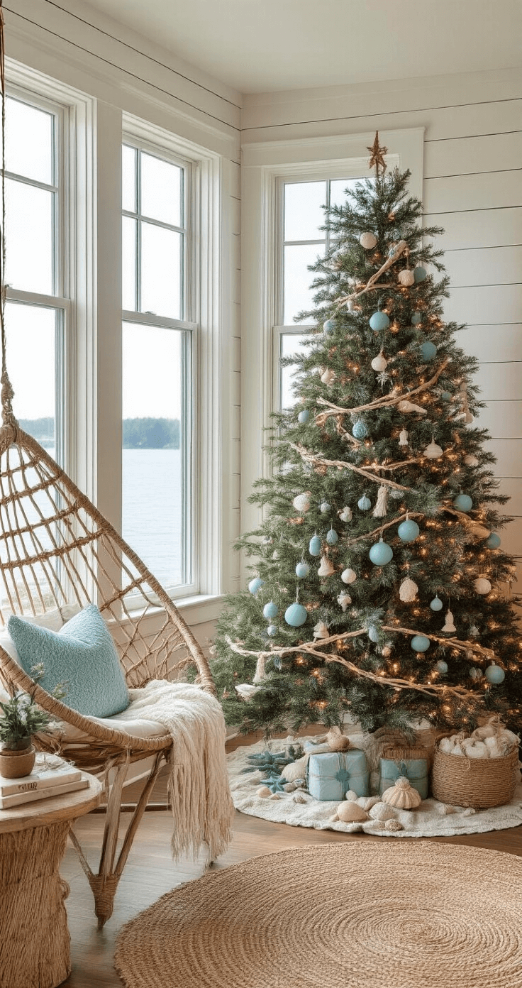 Coastal boho family room with a noble fir Christmas tree decorated in sea-inspired colors, large bay windows, and organic textures.