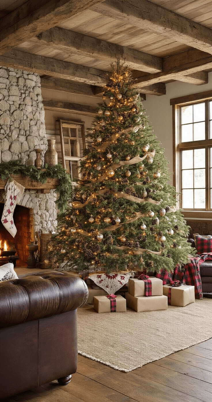 Rustic farmhouse great room featuring exposed wooden beams, a stone fireplace, an 8-foot Douglas fir Christmas tree adorned with vintage ornaments and warm string lights, a reclaimed barn wood mantel with evergreen garland, a distressed leather Chesterfield sofa, and cozy vintage decor, all illuminated by late afternoon light.