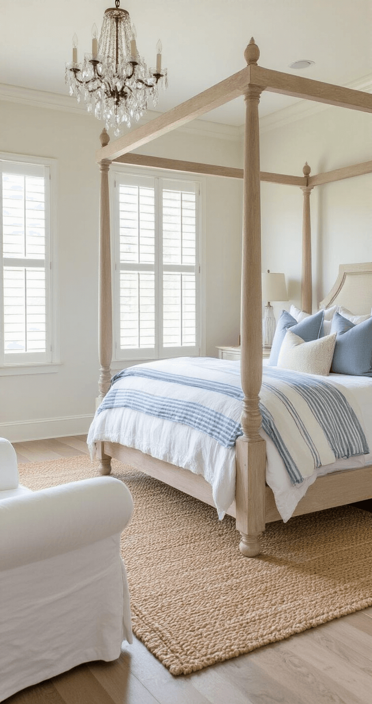 Coastal Granddaughter Bedroom: Your Ultimate Style Guide to Breezy, Chic Comfort A beautifully styled primary bedroom featuring a four-poster bed in bleached oak adorned with layers of white and chambray linens, illuminated by early morning light streaming through plantation shutters. An oversized seagrass rug anchors the room, complemented by a white slipcovered armchair in a cozy conversation area, while a crystal chandelier adds a touch of elegance. The image is captured from the doorway with a telephoto lens, showcasing soft pastels and natural textures throughout the space.