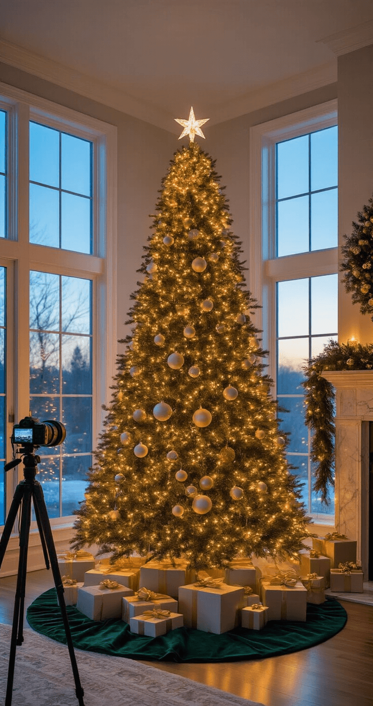 A beautifully styled living room featuring an 8-foot Fraser fir Christmas tree adorned with warm white lights and elegant ornaments in champagne, ivory, and soft gold. The twilight glow streams through large windows, reflecting off the tree and surrounding decor, including a marble fireplace mantel draped with garland and coordinating wreaths. A plush deep forest green tree skirt, strategically placed gift boxes, and a camera on a tripod with ring lights contribute to the Instagram-worthy holiday ambiance.