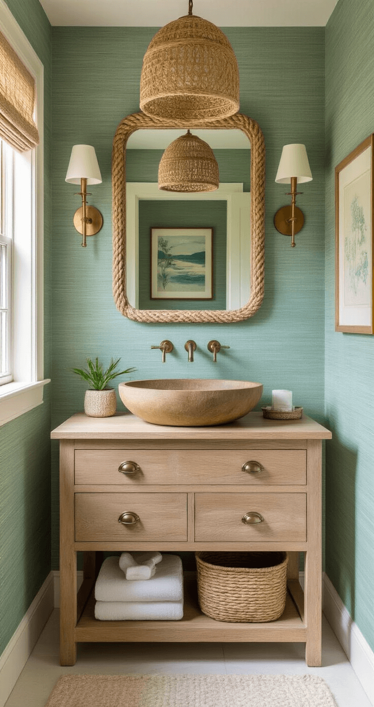Creating a Dreamy Small Coastal Bathroom: Your Ultimate Design Guide A cozy 5x7ft powder room at golden hour, featuring seafoam green grasscloth wallpaper, a weathered teak vanity with a vessel sink, a rope-wrapped mirror, vintage brass sconces, and a coastal art triptych, illuminated by a rattan pendant light, with warm lighting highlighting the textures of bleached woods and polished nickel fixtures.