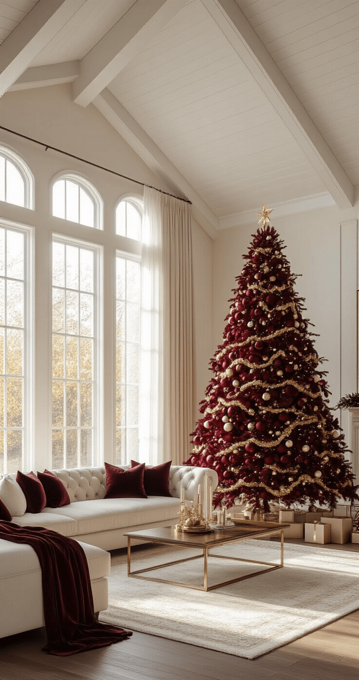 Photorealistic living room with a sophisticated burgundy Christmas tree, vaulted white beam ceiling, and sunlight streaming through sheer curtains, highlighting elegant velvet and crystal ornaments, a cream Persian rug, ivory velvet sofa, and mahogany coffee table in a warm, festive atmosphere.