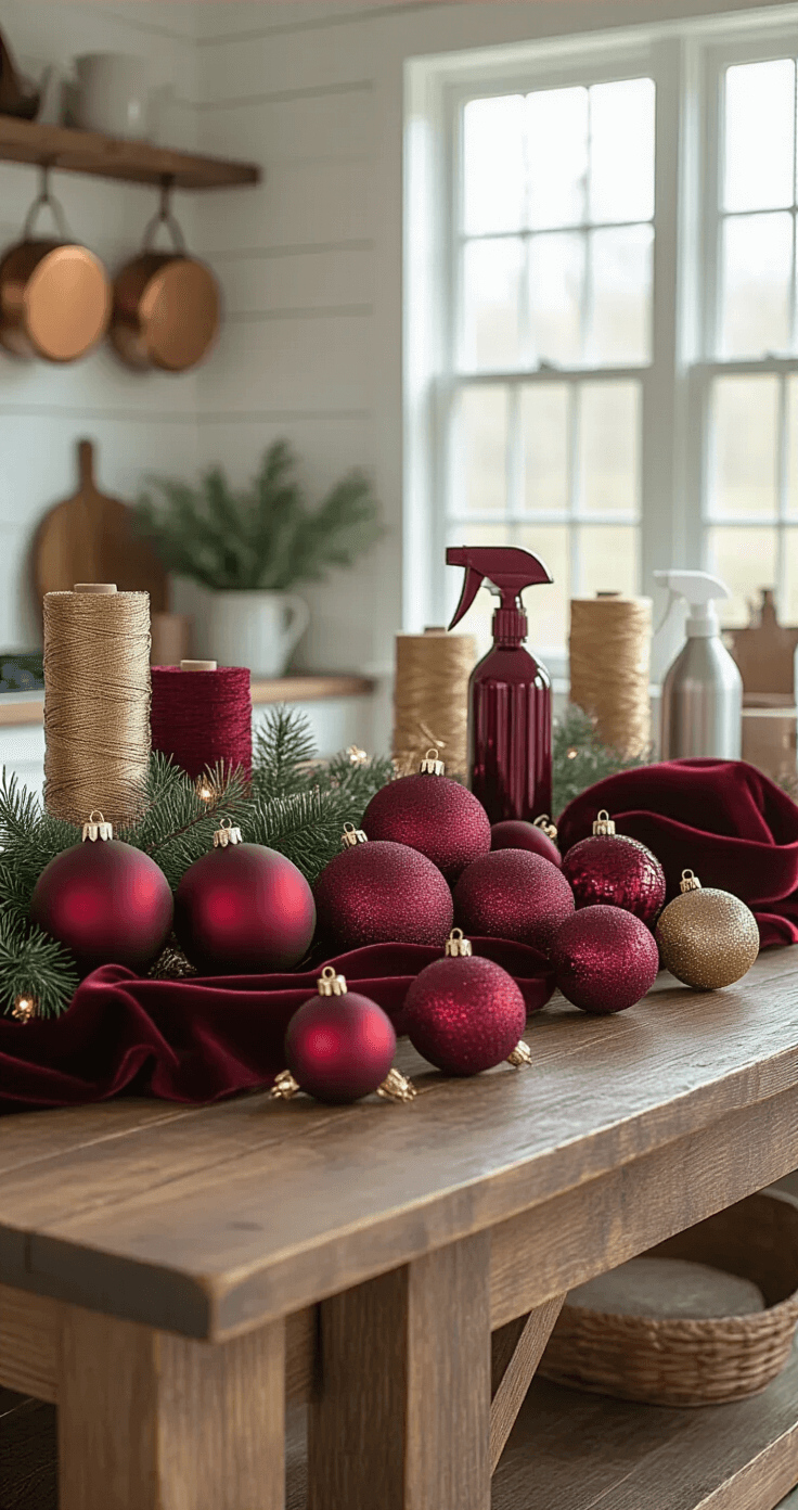 Professional interior photography of burgundy Christmas decorating supplies arranged on a rustic farmhouse table, featuring velvet ornaments, champagne gold garland, crystal ornaments, satin ribbon, and metallic spray bottles, illuminated by natural light with dramatic shadows in a cozy crafting atmosphere.