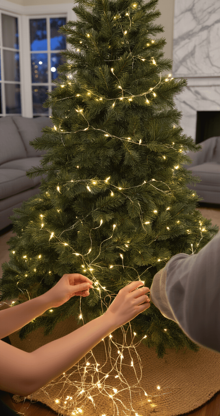 Close-up of hands weaving warm white LED fairy lights through fresh evergreen branches of a 7-foot Noble fir Christmas tree in a cozy family room, with rich forest green needles and a warm golden glow from the lights. A woven jute tree skirt and a gray sectional sofa are visible, along with organized light strands on hardwood floors, capturing the intimate and methodical decoration process.