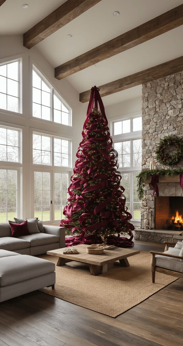 A spacious great room with 20-foot cathedral ceilings showcases a 12-foot burgundy Christmas tree decorated with flowing satin ribbons, beside a stone fireplace. Late afternoon sunlight highlights the rich textures of the ribbons against dark green evergreen needles, with modern farmhouse furniture in the background.