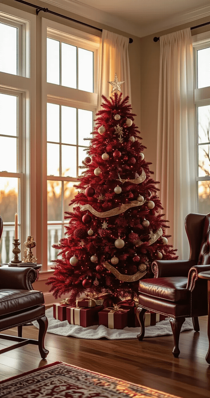 Editorial-style interior photography of a professionally styled burgundy Christmas tree in an elegant living room during golden hour, featuring warm sunlight filtering through sheer curtains, highlighting the tree's intricate texture and ornament details, with blurred background elements and a sophisticated color scheme.