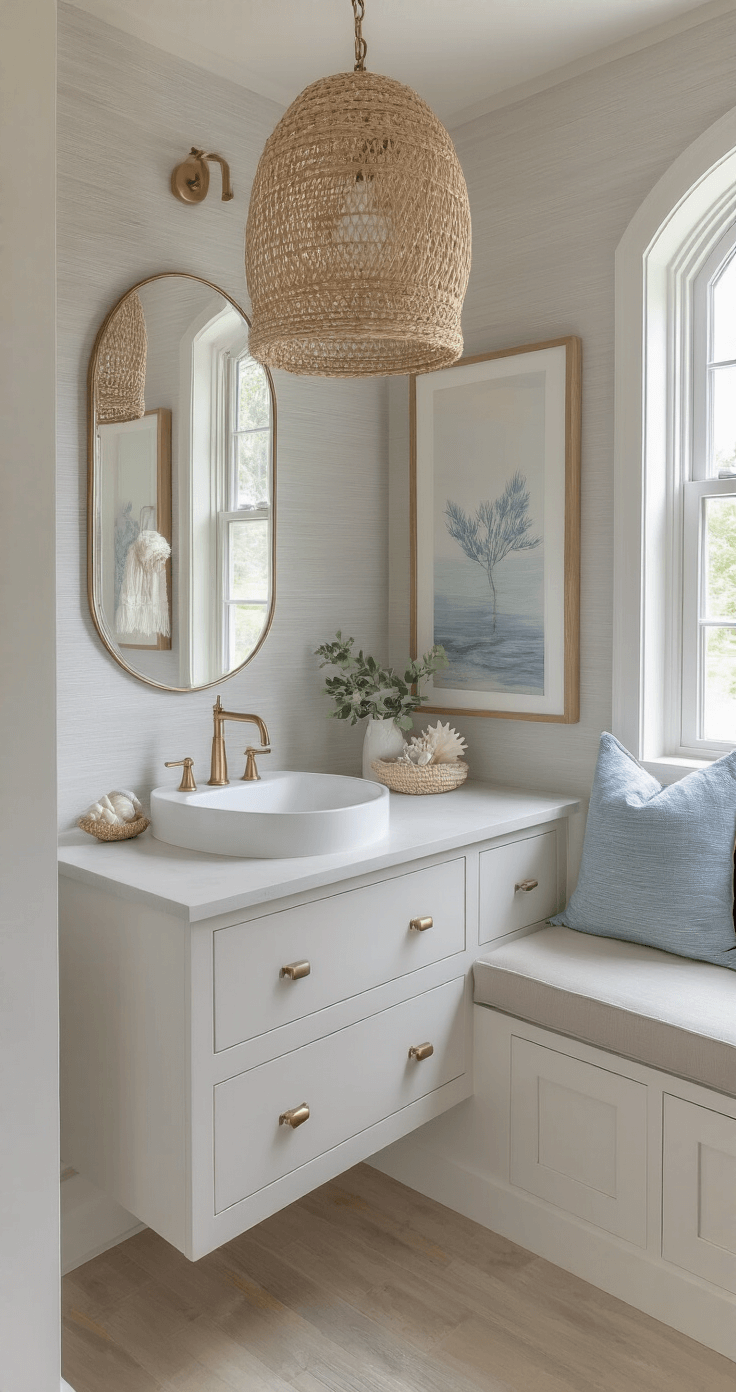 Transform Your Bathroom into a Serene Coastal Retreat: The Ultimate Modern Coastal Design Guide Mid-morning shot of a serene powder room featuring pale gray textured walls and a floating white oak vanity with a vessel sink and brushed brass faucet. An arched mirror reflects diffused window light, complemented by coastal artwork in muted blues and beiges. A woven pendant light casts intricate shadows, while rope-wrapped towel hooks and shell-inspired accessories add a touch of texture. The corner angle captures the cozy ambiance and spatial depth.
