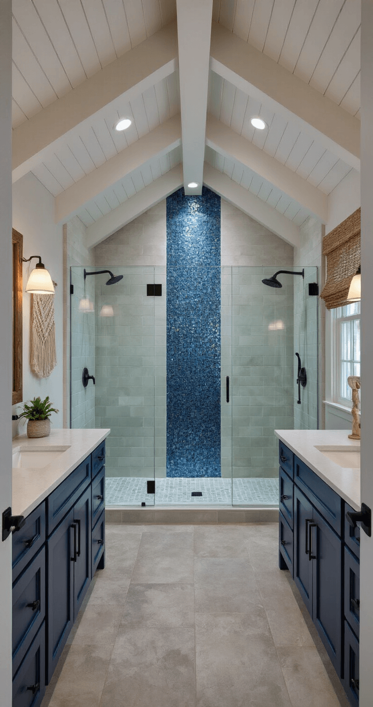Transform Your Bathroom into a Serene Coastal Retreat: The Ultimate Modern Coastal Design Guide Master bathroom retreat with vaulted ceiling, featuring an oversized walk-in shower, double vanity, and textural decor elements, captured during blue hour with ambient lighting.