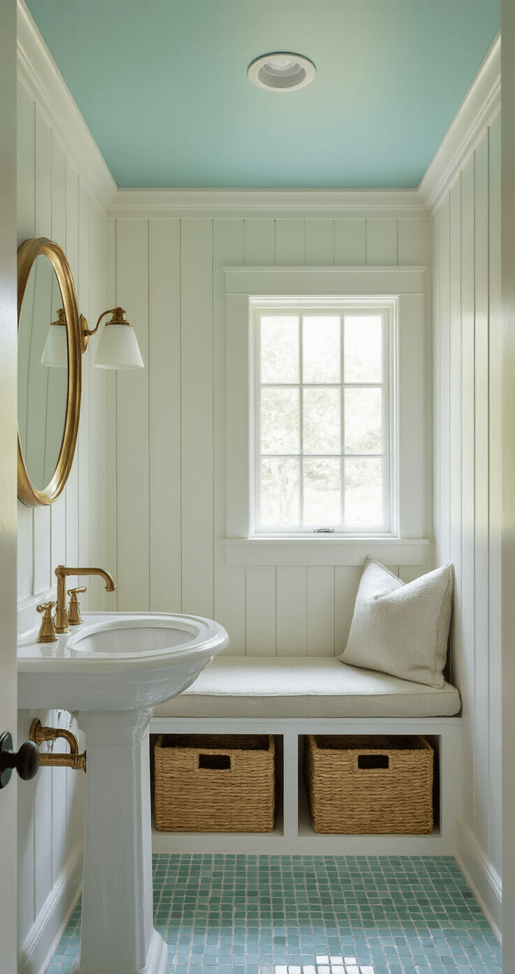 Transform Your Bathroom into a Serene Coastal Retreat: The Ultimate Modern Coastal Design Guide Bright and airy guest bathroom featuring board and batten white walls, pale aqua ceiling, round brass mirror above a pedestal sink, glass sconces, a window seat with natural linen cushion and woven baskets, and a shimmering mother of pearl penny tile floor, captured straight-on.
