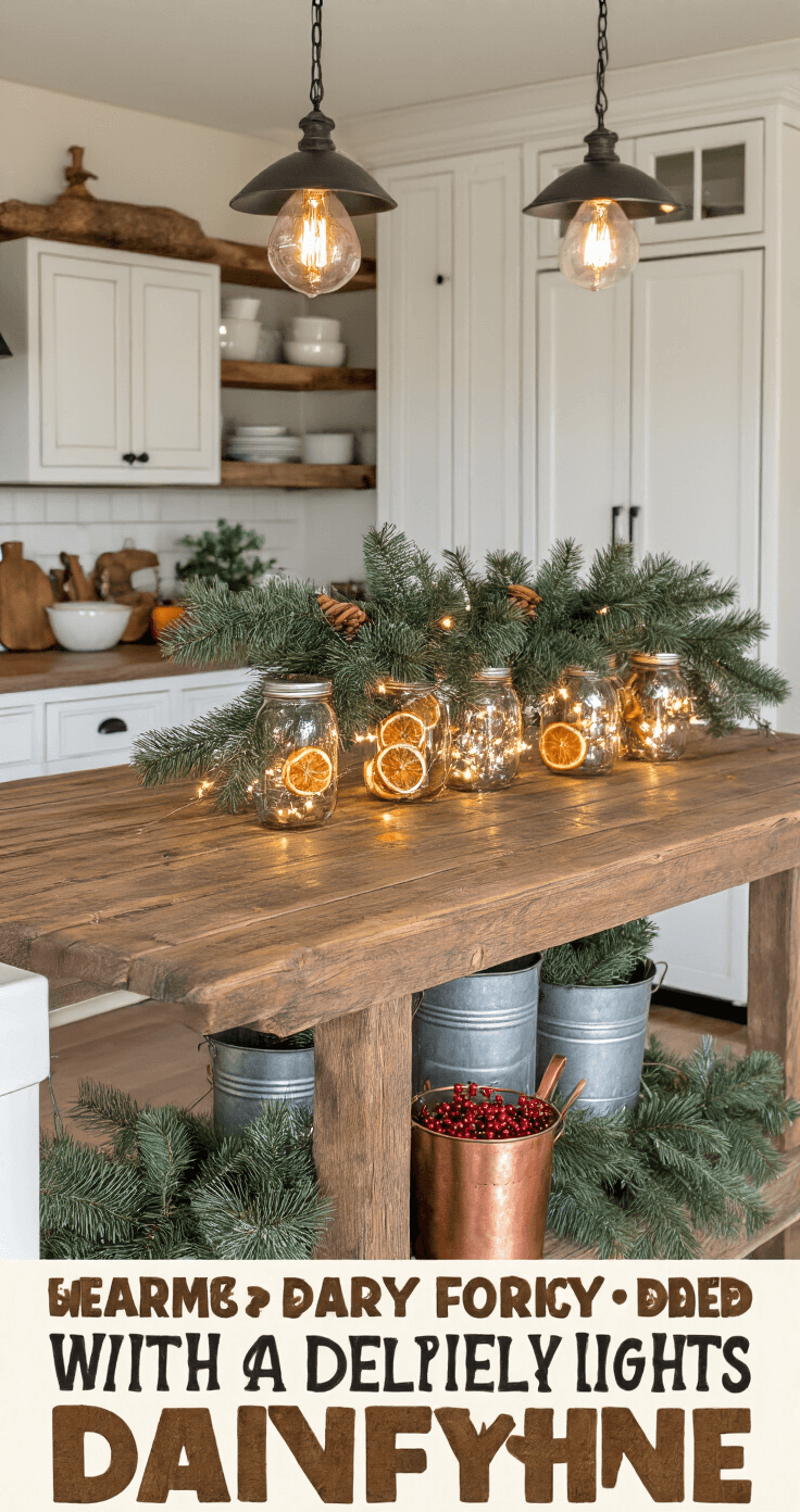 A rustic kitchen island adorned with a pine garland, dried orange slices, and cinnamon sticks, illuminated by afternoon light, surrounded by mason jars with fairy lights and galvanized buckets of evergreen sprigs, set against white farmhouse cabinets and warm copper accents.