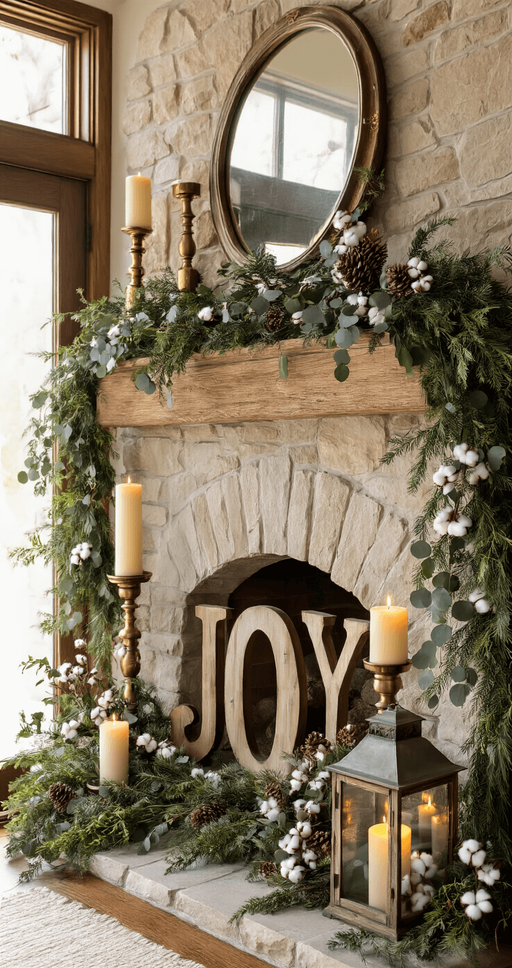 A beautifully styled mantelpiece featuring a reclaimed wood mantel above a fieldstone fireplace, adorned with mixed evergreen garland, eucalyptus, and cotton stems, vintage brass candlesticks with ivory candles, distressed wooden letters spelling 'JOY', and a weathered lantern. The scene is bathed in golden hour light from French doors, with a large antiqued mirror reflecting the warm glow, all captured from a slightly below mantel height angle.