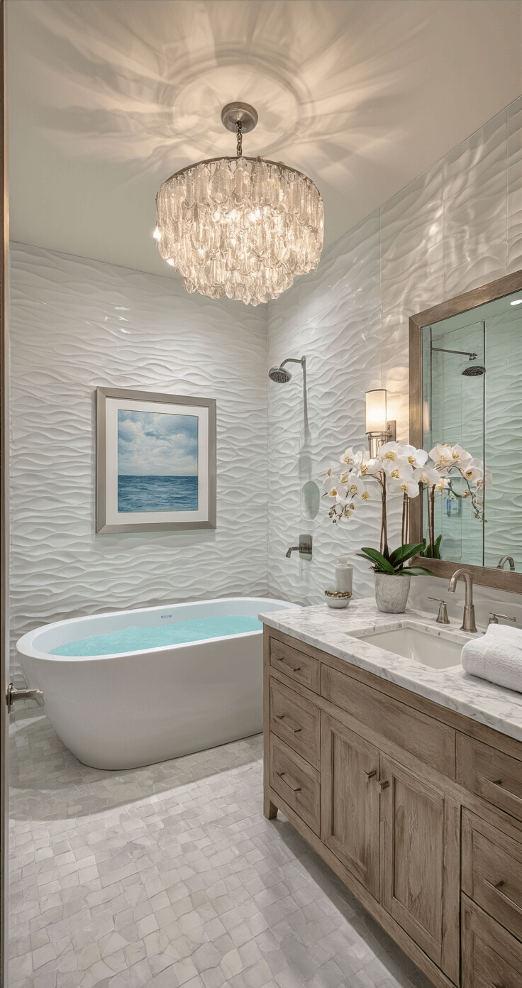 Transform Your Bathroom into a Serene Coastal Retreat: The Ultimate Modern Coastal Design Guide Luxurious spa-inspired master bath featuring a freestanding soaking tub and rainfall shower, oversized textured white porcelain tile walls, custom driftwood vanity with Carrara marble top, and a striking Capiz shell chandelier, elegantly styled with white orchids and coastal artwork.