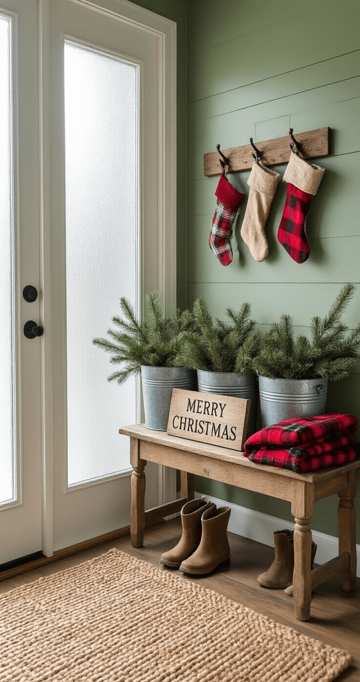 Rustic Christmas entryway vignette featuring a vintage wooden bench with galvanized buckets of evergreen, a weathered 'Merry Christmas' sign, cozy plaid throws, burlap and red flannel stockings, and snow boots on a braided jute rug, all set against serene sage green shiplap walls.