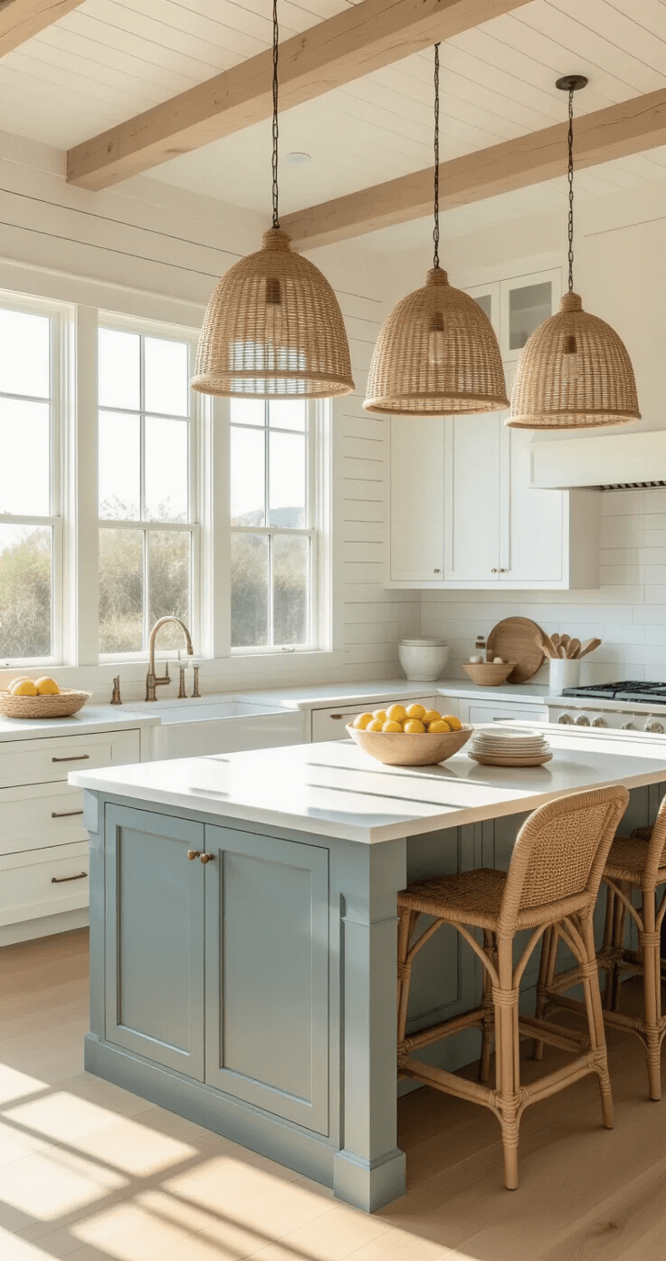 Coastal Chic Kitchen: Transform Your Space into a Breezy Seaside Sanctuary Sunlit coastal kitchen featuring white shiplap walls, oversized windows, a sage blue island, woven rattan pendant lights, and artisanal decor, captured at golden hour with warm backlighting.