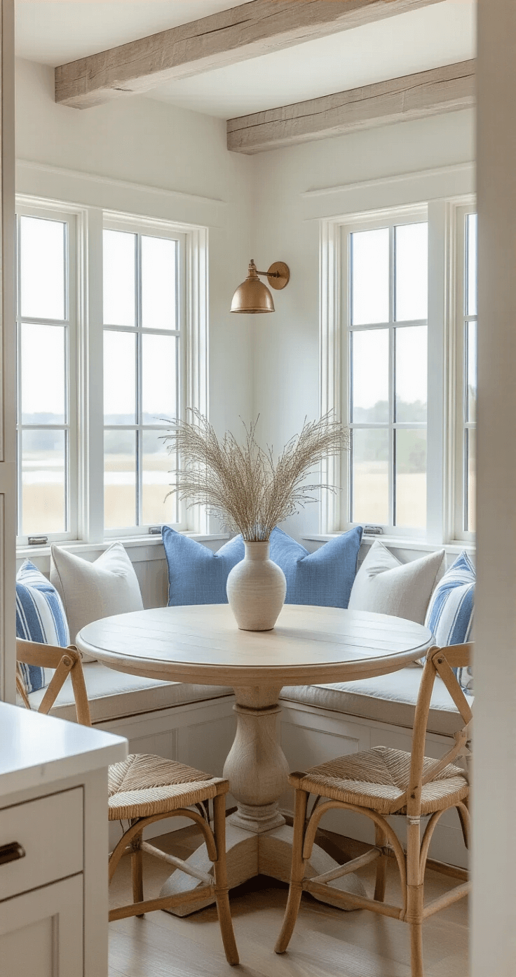 Coastal Chic Kitchen: Transform Your Space into a Breezy Seaside Sanctuary Intimate coastal kitchen corner at morning blue hour with whitewashed beams, curved window seat in natural linen, bleached oak round table, woven chairs, and warm brass sconce, featuring soft light and textured elements.