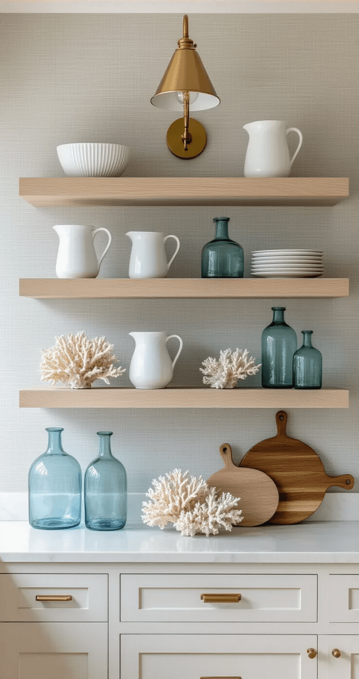 Coastal Chic Kitchen: Transform Your Space into a Breezy Seaside Sanctuary A close-up view of white oak floating shelves adorned with white ceramic pitchers, blue glass vessels, and natural coral against pale grey grasscloth wallpaper, illuminated by a brass library sconce, showcasing artisanal cutting boards and sea glass accents with rich textures and color variations.
