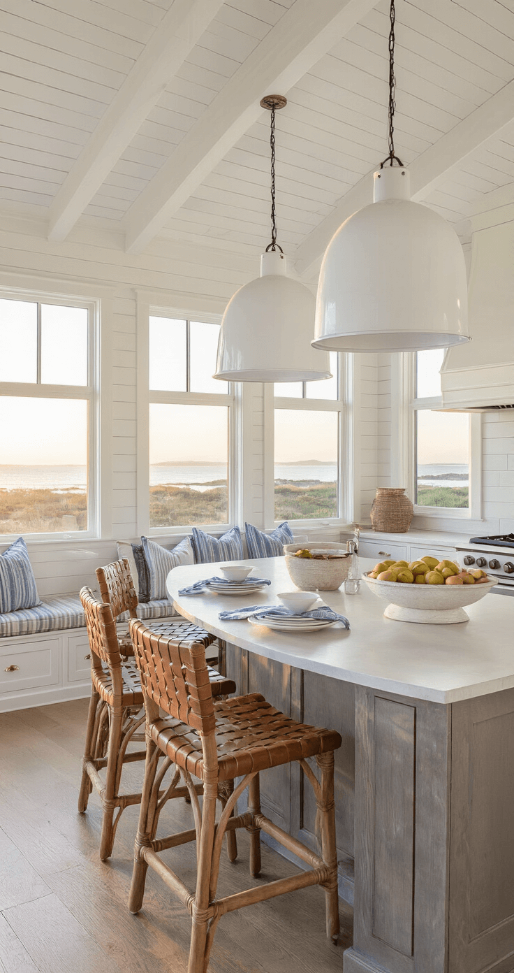 Coastal Chic Kitchen: Transform Your Space into a Breezy Seaside Sanctuary Cozy coastal kitchen breakfast bar at sunset with a curved driftwood grey island, woven leather barstools, and white enamel pendant lights, styled with blue-striped linens and a white ceramic fruit bowl.