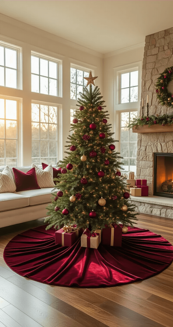 A cozy living room at golden hour featuring a luxurious deep burgundy velvet Christmas tree skirt around a 7-foot Fraser fir, adorned with red and gold ornaments. Cream sofas with cable-knit pillows frame the scene, while a softly glowing stone fireplace and gleaming hardwood floors enhance the intimate holiday ambiance.